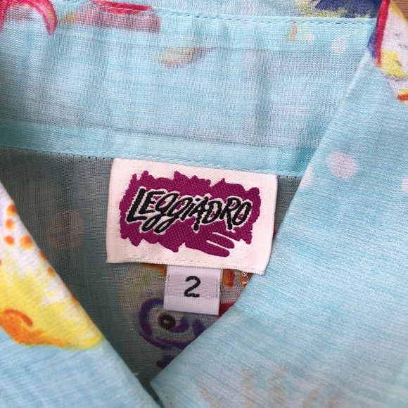 Leggiadro light blue with fishes button down blouse tie at waist - Picture 12 of 14